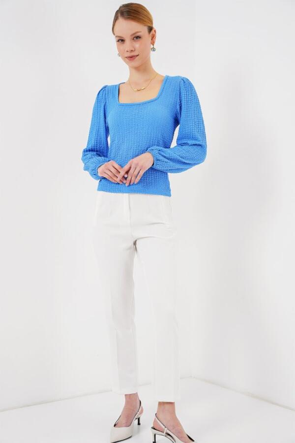 0442 Uzun Kollu Bluz - Saks - 2