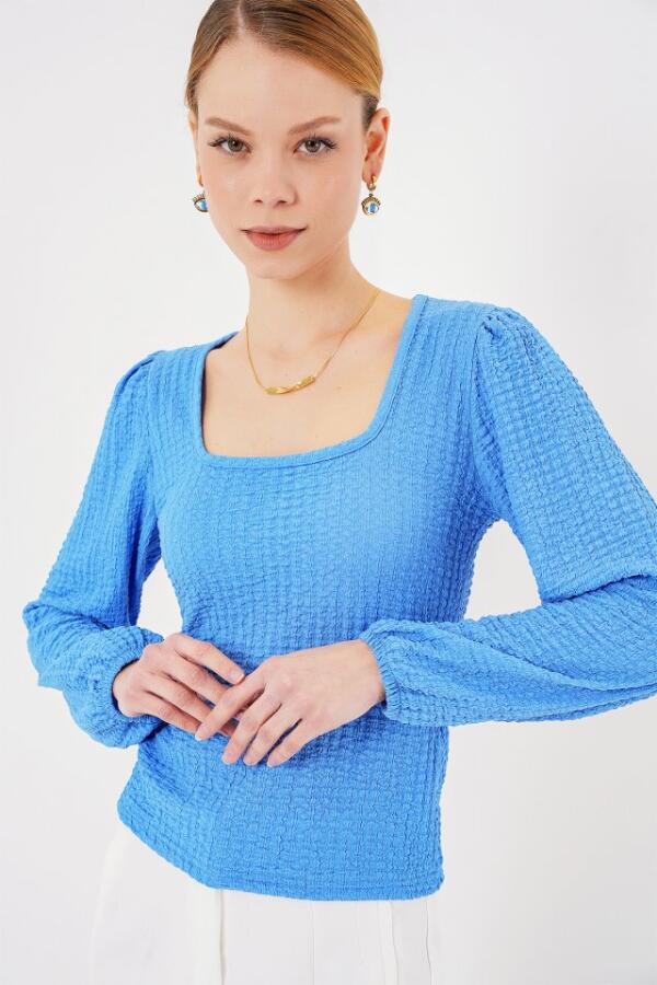 0442 Uzun Kollu Bluz - Saks - 3