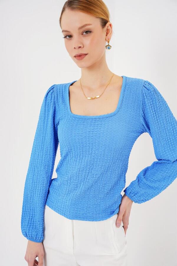 0442 Uzun Kollu Bluz - Saks - 4