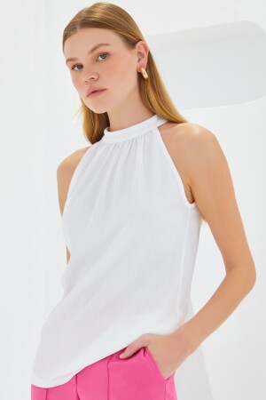 0489 Halter Yaka Örme Bluz - Beyaz - 1