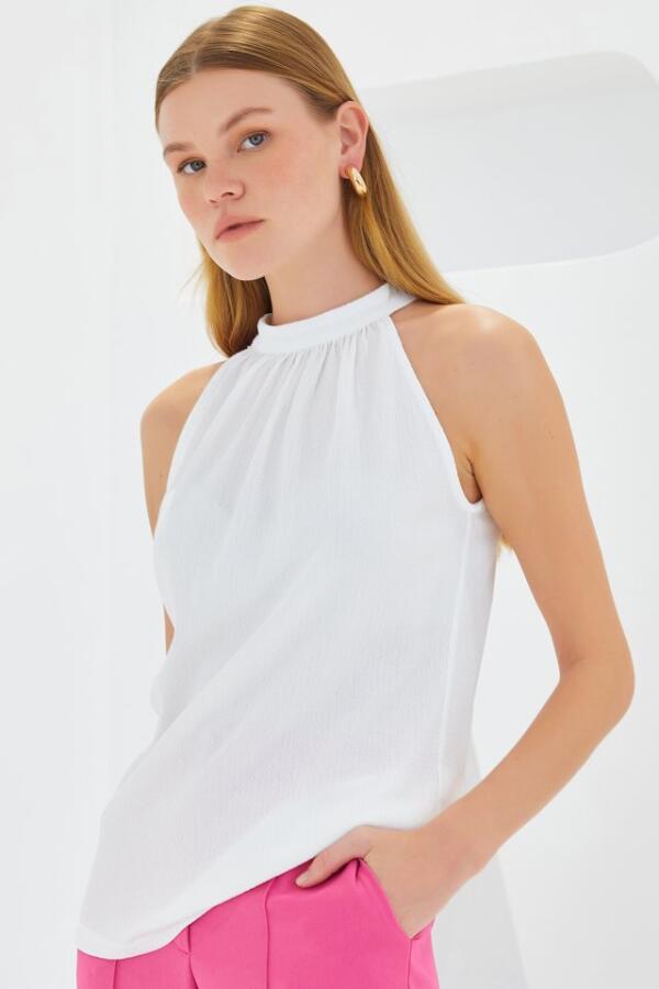 0489 Halter Yaka Örme Bluz - Beyaz - 1