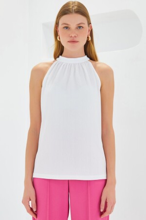 0489 Halter Yaka Örme Bluz - Beyaz - 2