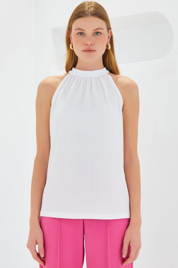 0489 Halter Yaka Örme Bluz - Beyaz - 2