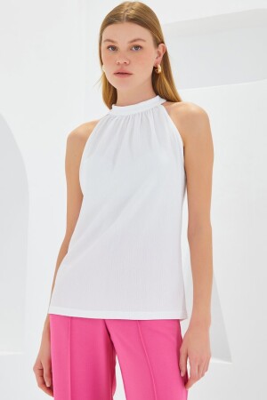 0489 Halter Yaka Örme Bluz - Beyaz - 3