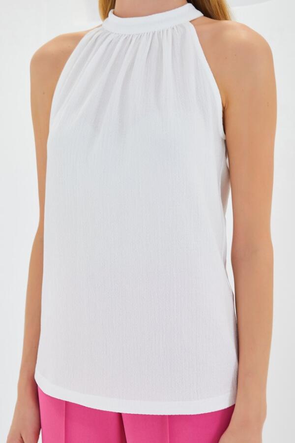 0489 Halter Yaka Örme Bluz - Beyaz - 4