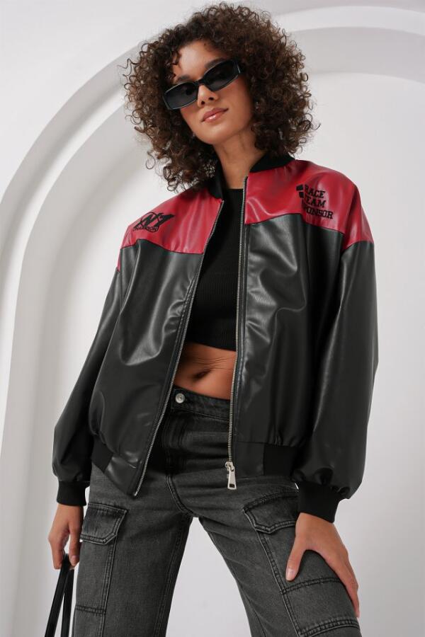 0698 Baskılı Suni Deri Bomber Ceket - Bordo - 1