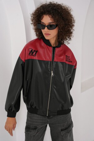 0698 Baskılı Suni Deri Bomber Ceket - Bordo - 3