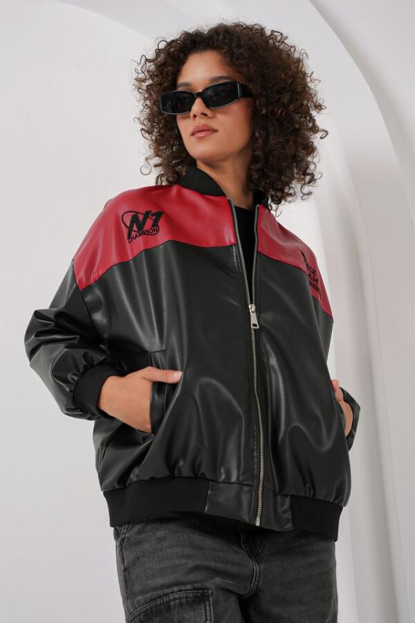 0698 Baskılı Suni Deri Bomber Ceket - Bordo - 4
