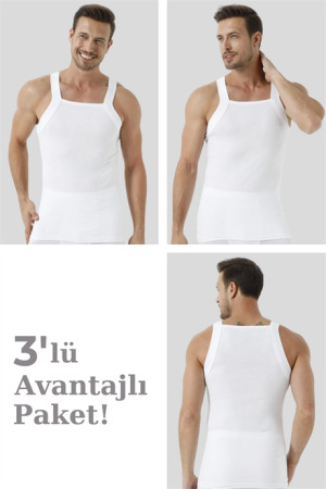 %100 Pamuk Ribana Erkek Beyaz Geniş Biyeli Atlet 3'lü Paket - 1