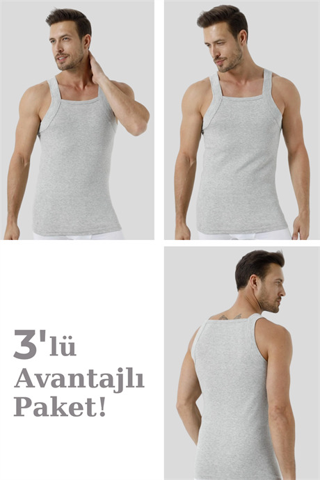 %100 Pamuk Ribana Erkek Gri Geniş Biyeli Atlet 3'lü Paket - 1