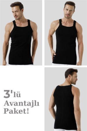 %100 Pamuk Ribana Erkek Siyah Geniş Biyeli Atlet 3'lü Paket - 1