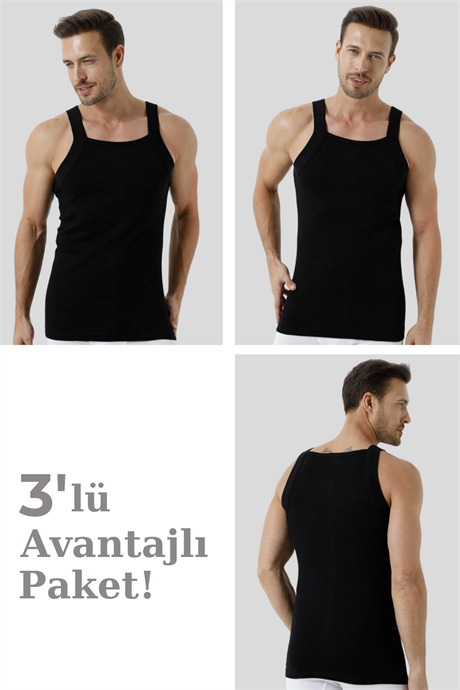 %100 Pamuk Ribana Erkek Siyah Geniş Biyeli Atlet 3'lü Paket - 1