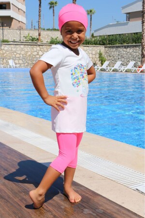 1708 -1 Ağaç Baskılı Çocuk Havuz Mayosu-Beyaz-Pembe - 1