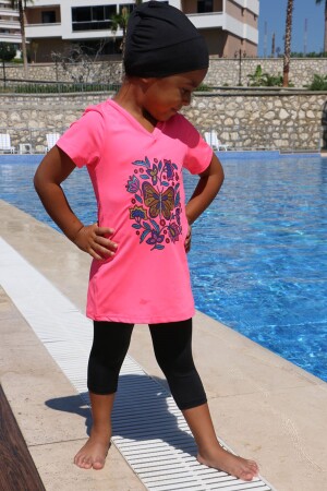 1709-1 Baskılı Kısa Kol Çocuk Havuz Mayosu-Pembe-Siyah - 3