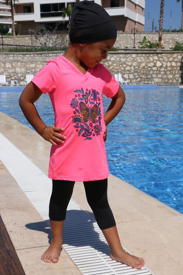 1709-1 Baskılı Kısa Kol Çocuk Havuz Mayosu-Pembe-Siyah - 3