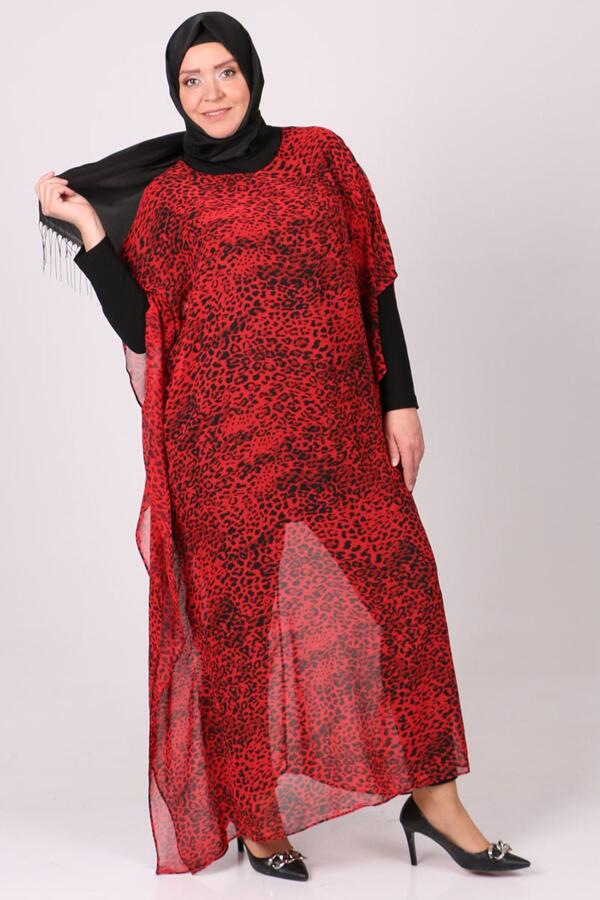1719 Büyük Beden Pareo - Kırmızı Leopar - 1