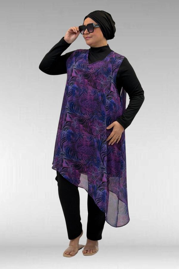 1723 Büyük Beden Uzunkol Şifon Pareolu Tesettür Mayo - Yaprak Desen Mor-Siyah - 3