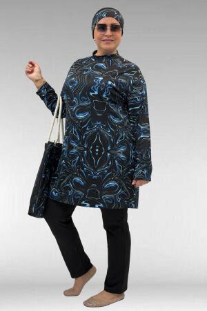 1727 Büyük Beden Uzunkol Tesettür Mayo Takım - Aqua Mavi-Siyah - 