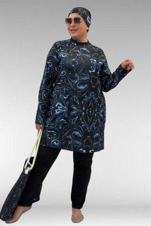 1727 Büyük Beden Uzunkol Tesettür Mayo Takım - Aqua Mavi-Siyah - (1)