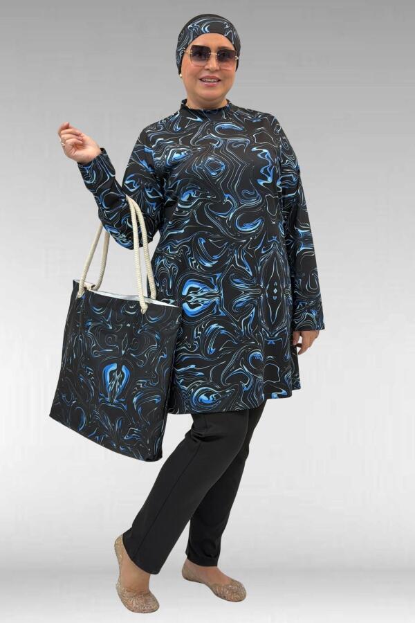 1727 Büyük Beden Uzunkol Tesettür Mayo Takım - Aqua Mavi-Siyah - 3