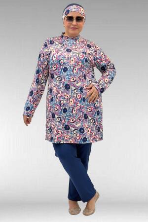 1727 Büyük Beden Uzunkol Tesettür Mayo Takım - Göz Desen İndigo-İndigo - 