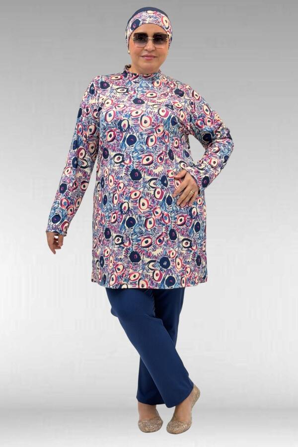 1727 Büyük Beden Uzunkol Tesettür Mayo Takım - Göz Desen İndigo-İndigo - 1
