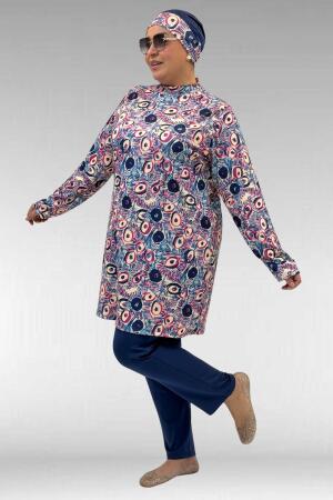 1727 Büyük Beden Uzunkol Tesettür Mayo Takım - Göz Desen İndigo-İndigo - (1)