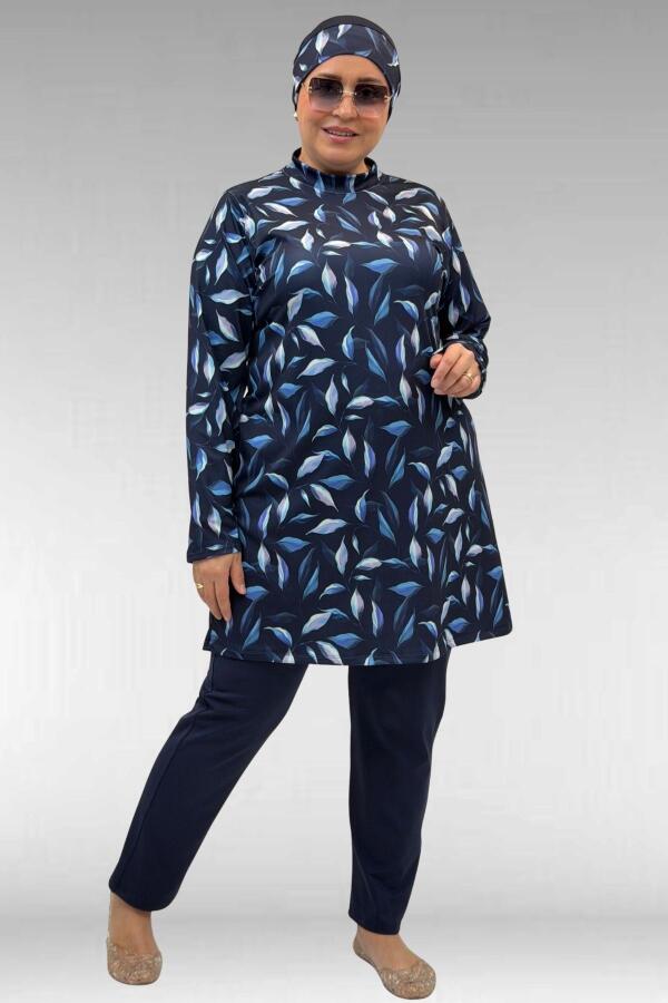 1727 Büyük Beden Uzunkol Tesettür Mayo Takım - Laci Yaprak Desenli-Laci - 1
