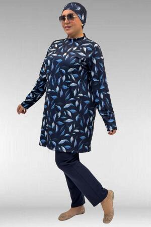 1727 Büyük Beden Uzunkol Tesettür Mayo Takım - Laci Yaprak Desenli-Laci - (1)