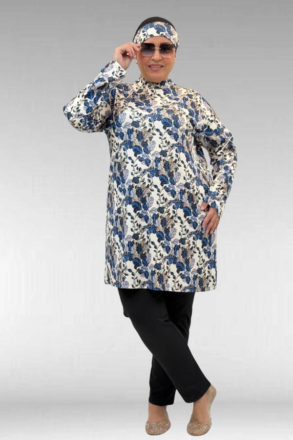 1727 Büyük Beden Uzunkol Tesettür Mayo Takım - Yaprak Desen Mavi-Siyah - 1
