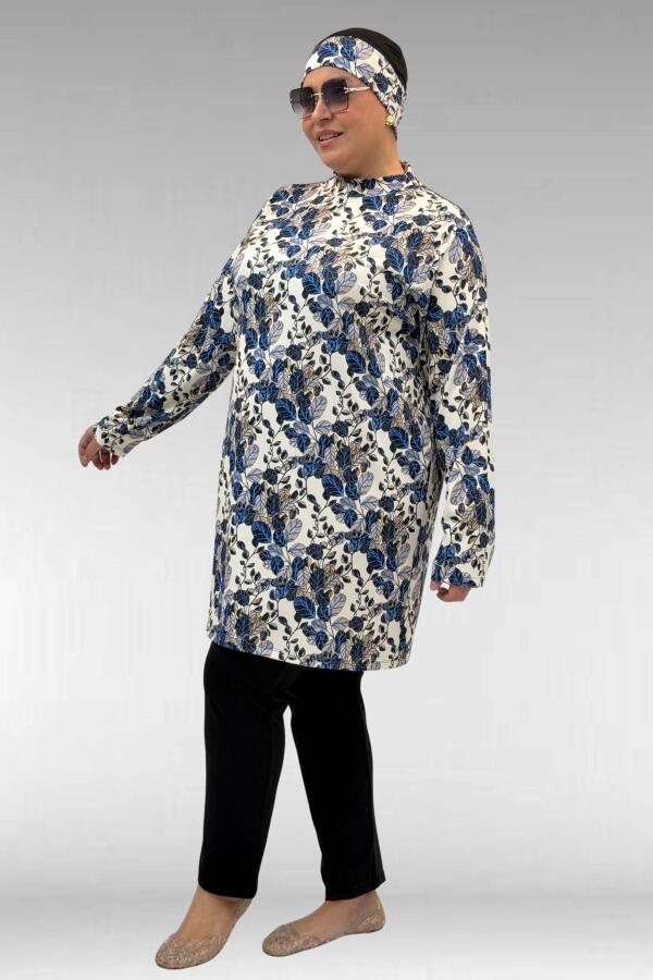 1727 Büyük Beden Uzunkol Tesettür Mayo Takım - Yaprak Desen Mavi-Siyah - 2