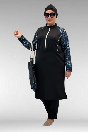 1733 Büyük Beden Fermuarlı Tesettür Mayo - Aqua Mavi-Siyah - 