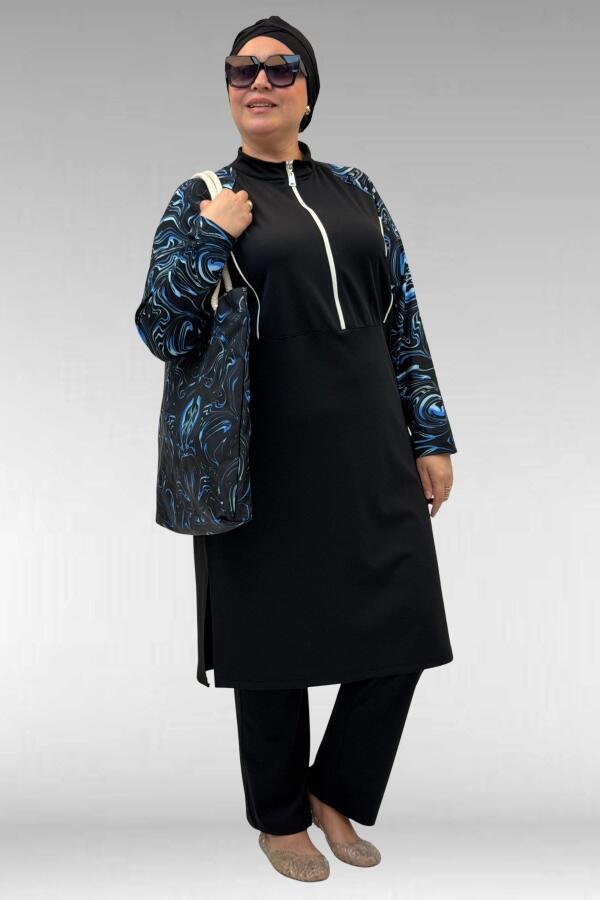 1733 Büyük Beden Fermuarlı Tesettür Mayo - Aqua Mavi-Siyah - 3