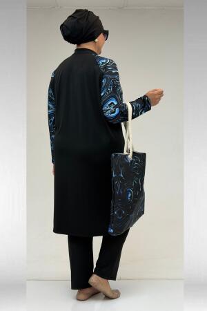 1733 Büyük Beden Fermuarlı Tesettür Mayo - Aqua Mavi-Siyah - 4