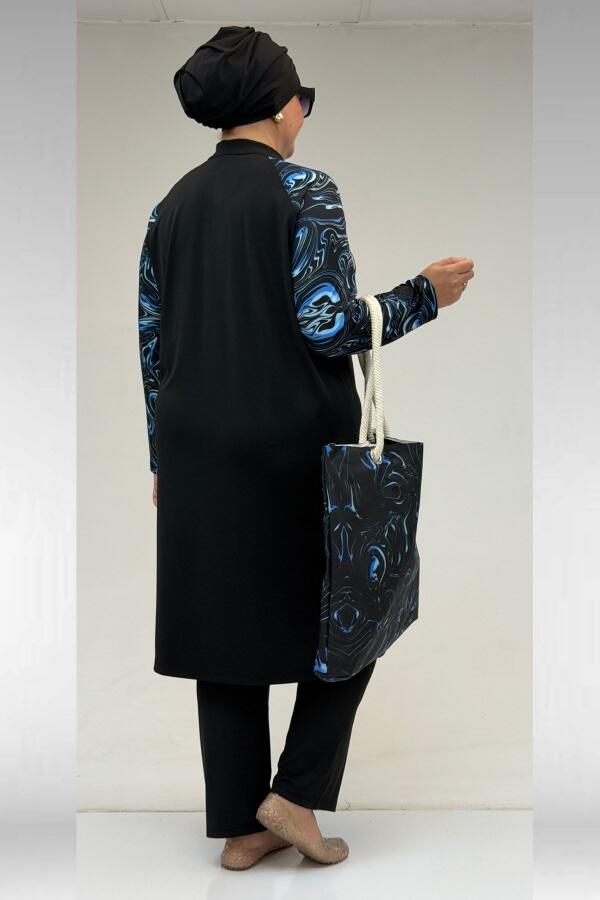 1733 Büyük Beden Fermuarlı Tesettür Mayo - Aqua Mavi-Siyah - 4