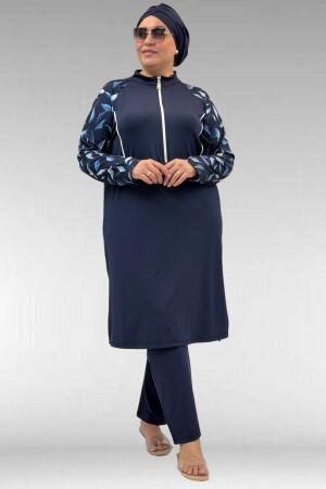 1733 Büyük Beden Fermuarlı Tesettür Mayo - Laci Yaprak Desenli-Laci - 