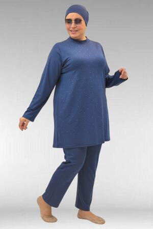 1739 Büyük Beden Önü Taş Baskılı Uzunkol Tesettür Mayo - İndigo - 