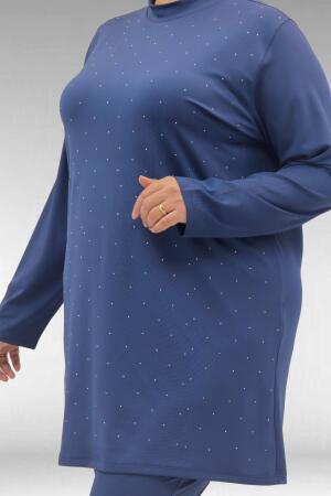 1739 Büyük Beden Önü Taş Baskılı Uzunkol Tesettür Mayo - İndigo - (1)