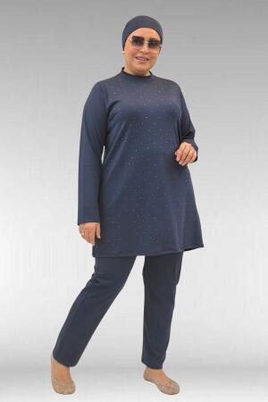 1739 Büyük Beden Önü Taş Baskılı Uzunkol Tesettür Mayo - Lacivert - 