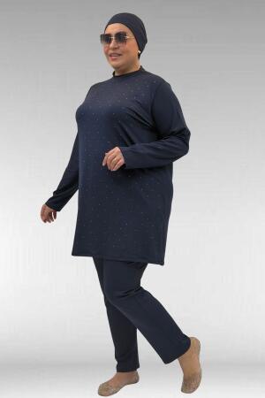 1739 Büyük Beden Önü Taş Baskılı Uzunkol Tesettür Mayo - Lacivert - (1)
