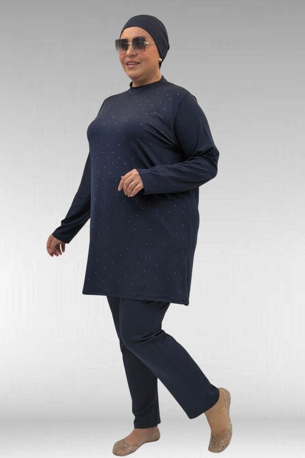 1739 Büyük Beden Önü Taş Baskılı Uzunkol Tesettür Mayo - Lacivert - 2
