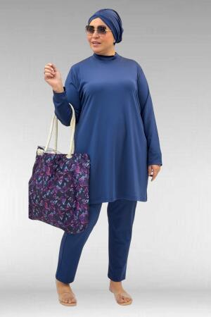 1740 Büyük Beden Düz Renk Tesettür Mayo - İndigo - 