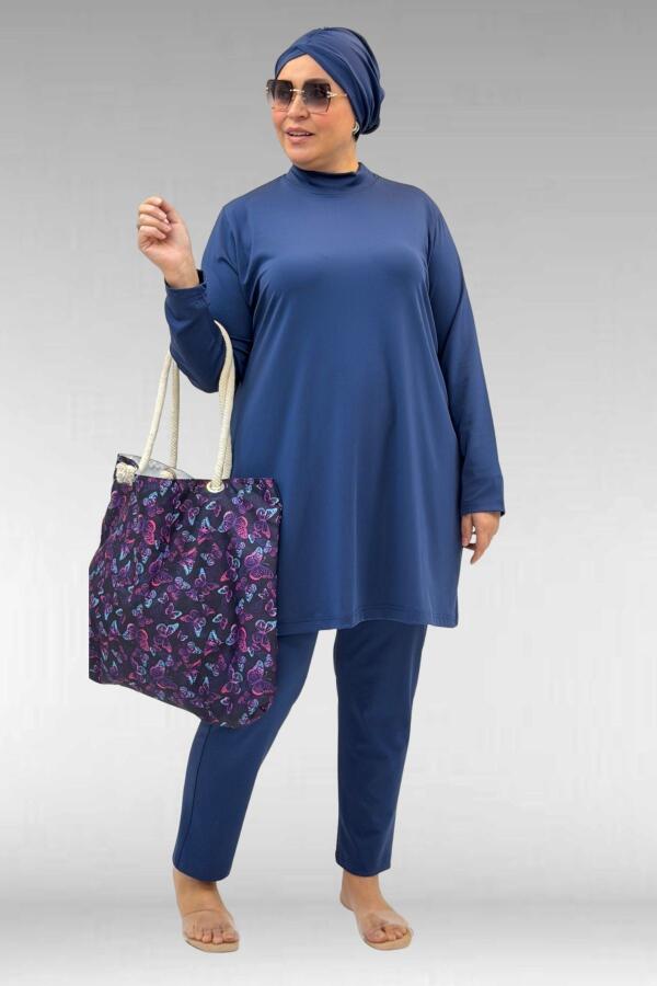 1740 Büyük Beden Düz Renk Tesettür Mayo - İndigo - 1