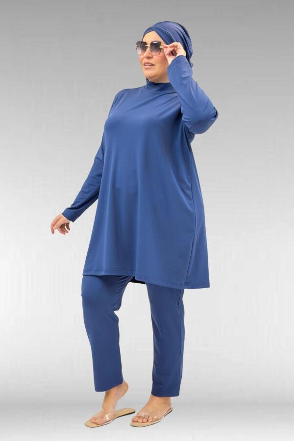 1740 Büyük Beden Düz Renk Tesettür Mayo - İndigo - 2