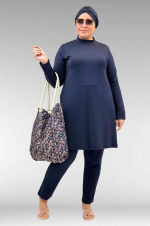 1740 Büyük Beden Düz Renk Tesettür Mayo - Lacivert - 