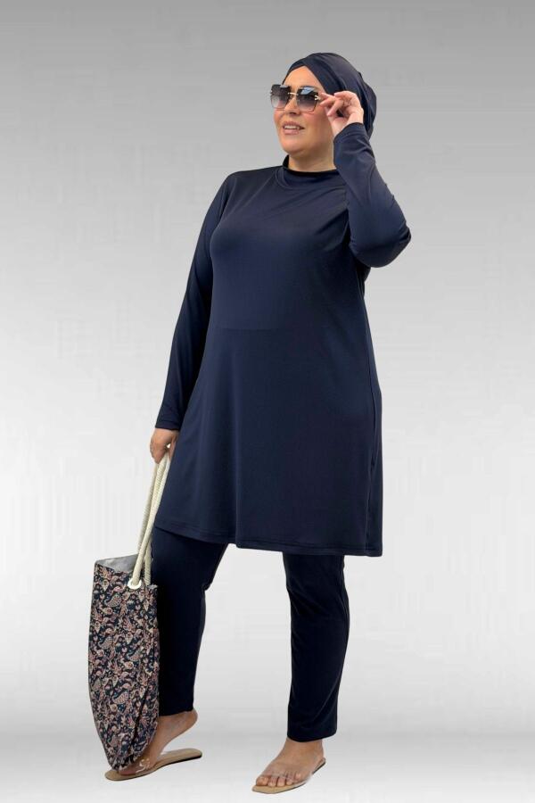 1740 Büyük Beden Düz Renk Tesettür Mayo - Lacivert - 2