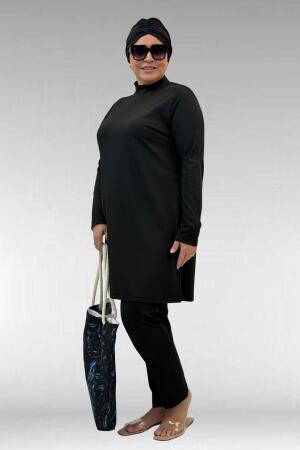 1740 Büyük Beden Düz Renk Tesettür Mayo - Siyah - (1)