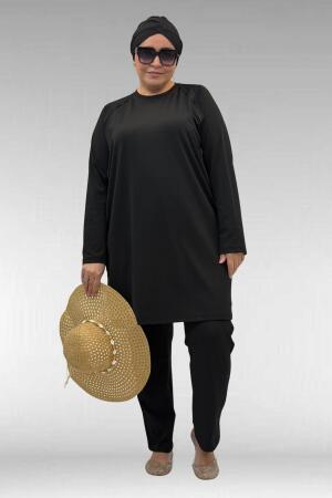 1741 Büyük Beden Kıstırma Biyeli Tesettür Mayo - Siyah - 
