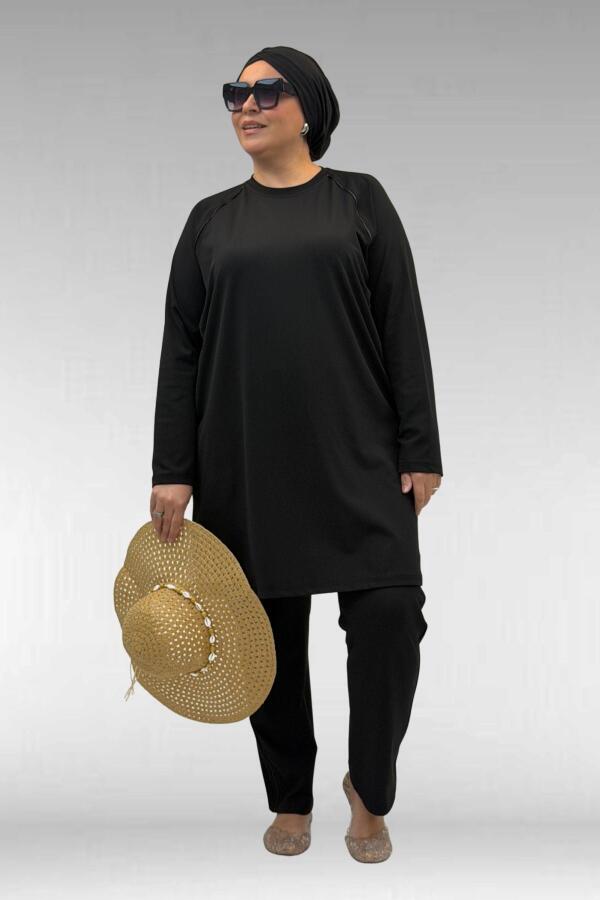 1741 Büyük Beden Kıstırma Biyeli Tesettür Mayo - Siyah - 2