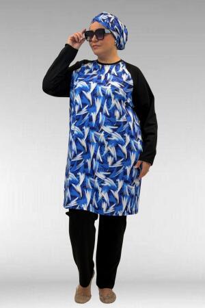 1742 Büyük Beden Uzunkol Tesettür Mayo Takım - Fırça Desen Saks - 